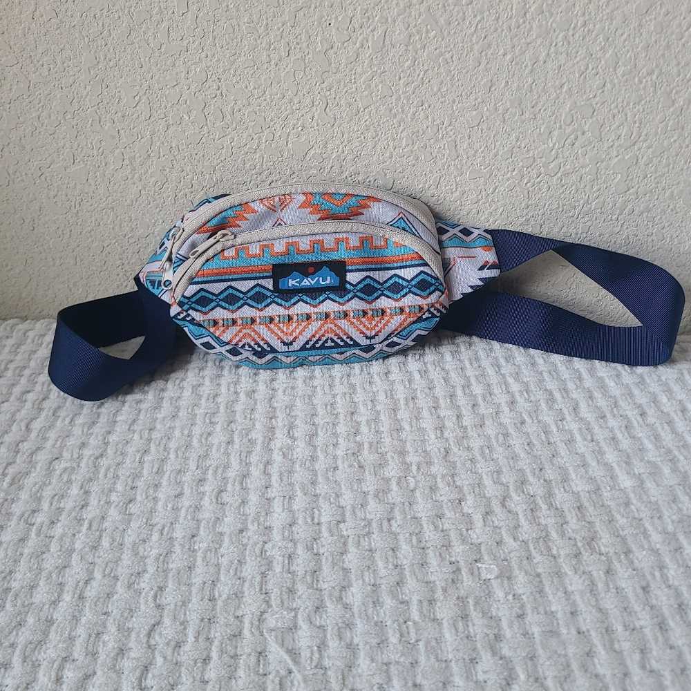 Kavu Geometric Print Belt Bag Blue and Orange